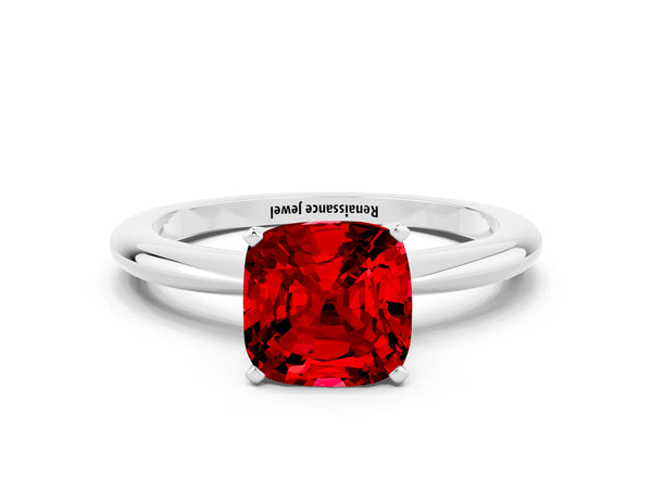 Platinum Cushion Cut Ruby Solitaire Ring with Six-Prong Setting and Classic Band
