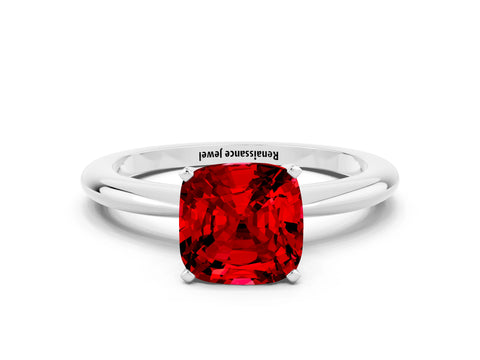 White gold Cushion Cut Ruby Solitaire Ring with Six-Prong Setting and Classic Band_12
