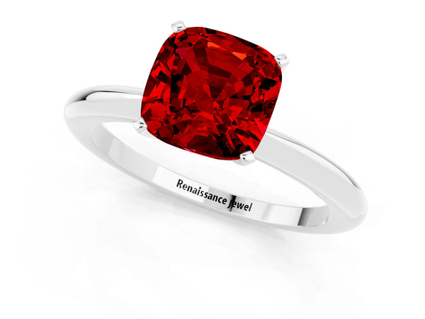 Platinum Cushion Cut Ruby Solitaire Ring with Six-Prong Setting and Classic Band