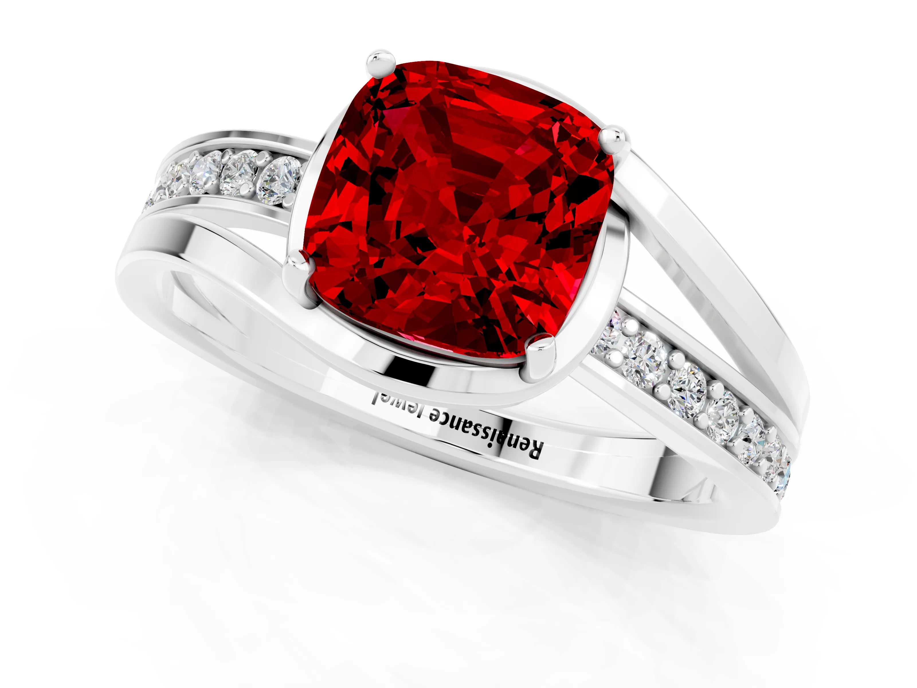 White gold Cushion Cut Ruby Solitaire Ring with Split Shank and Prong Setting_1