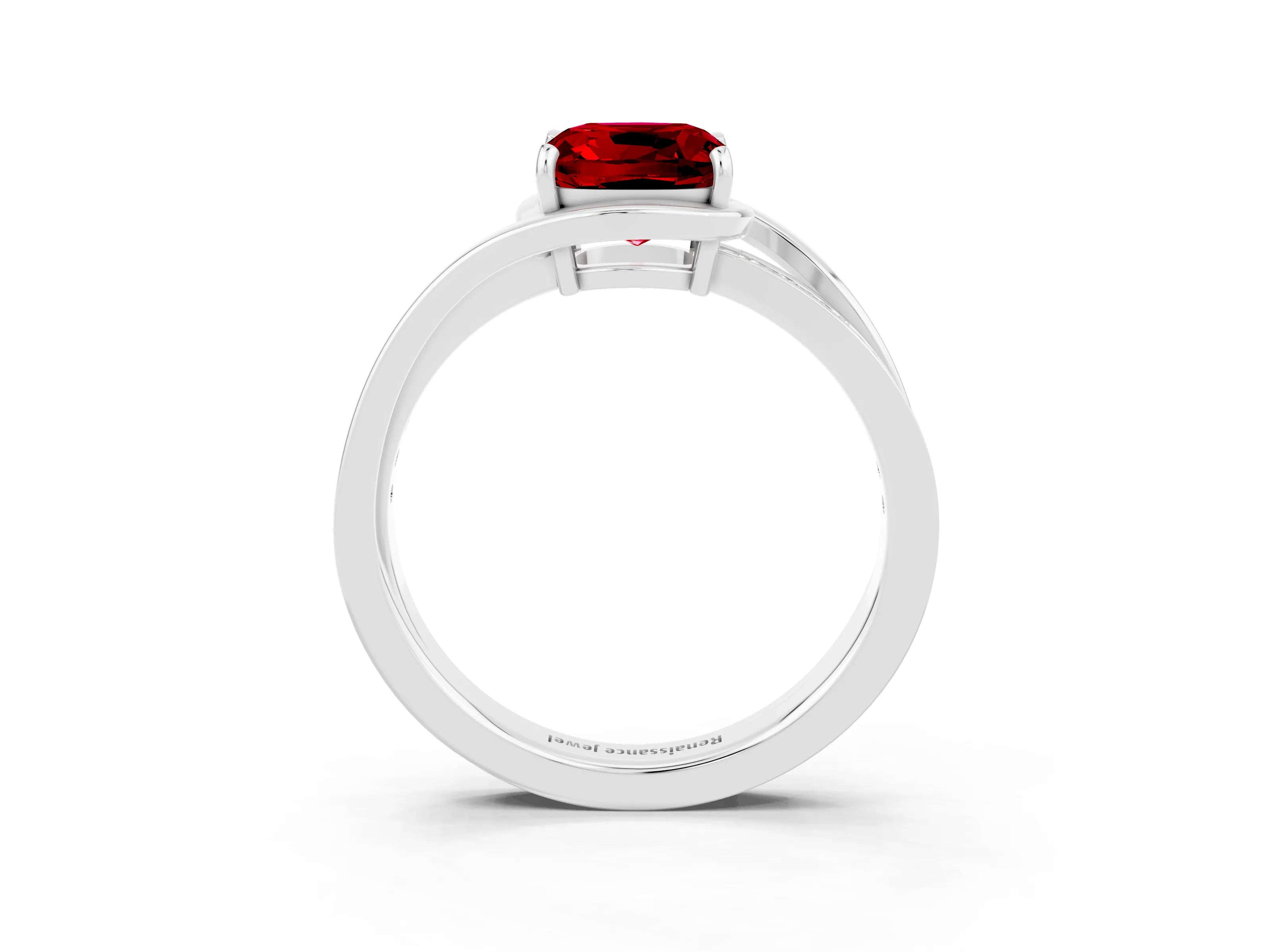 White gold Cushion Cut Ruby Solitaire Ring with Split Shank and Prong Setting_3