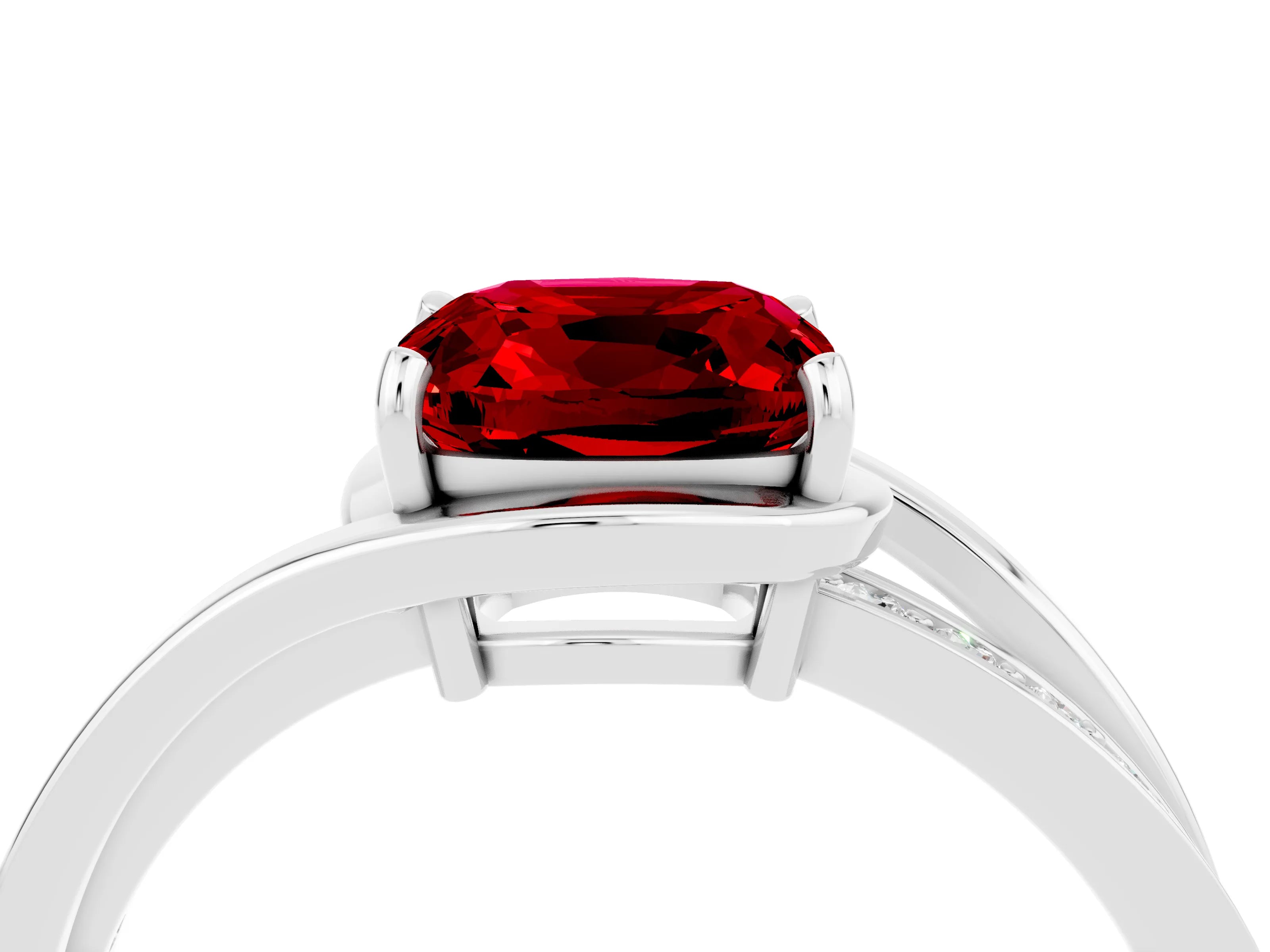 White gold Cushion Cut Ruby Solitaire Ring with Split Shank and Prong Setting_4
