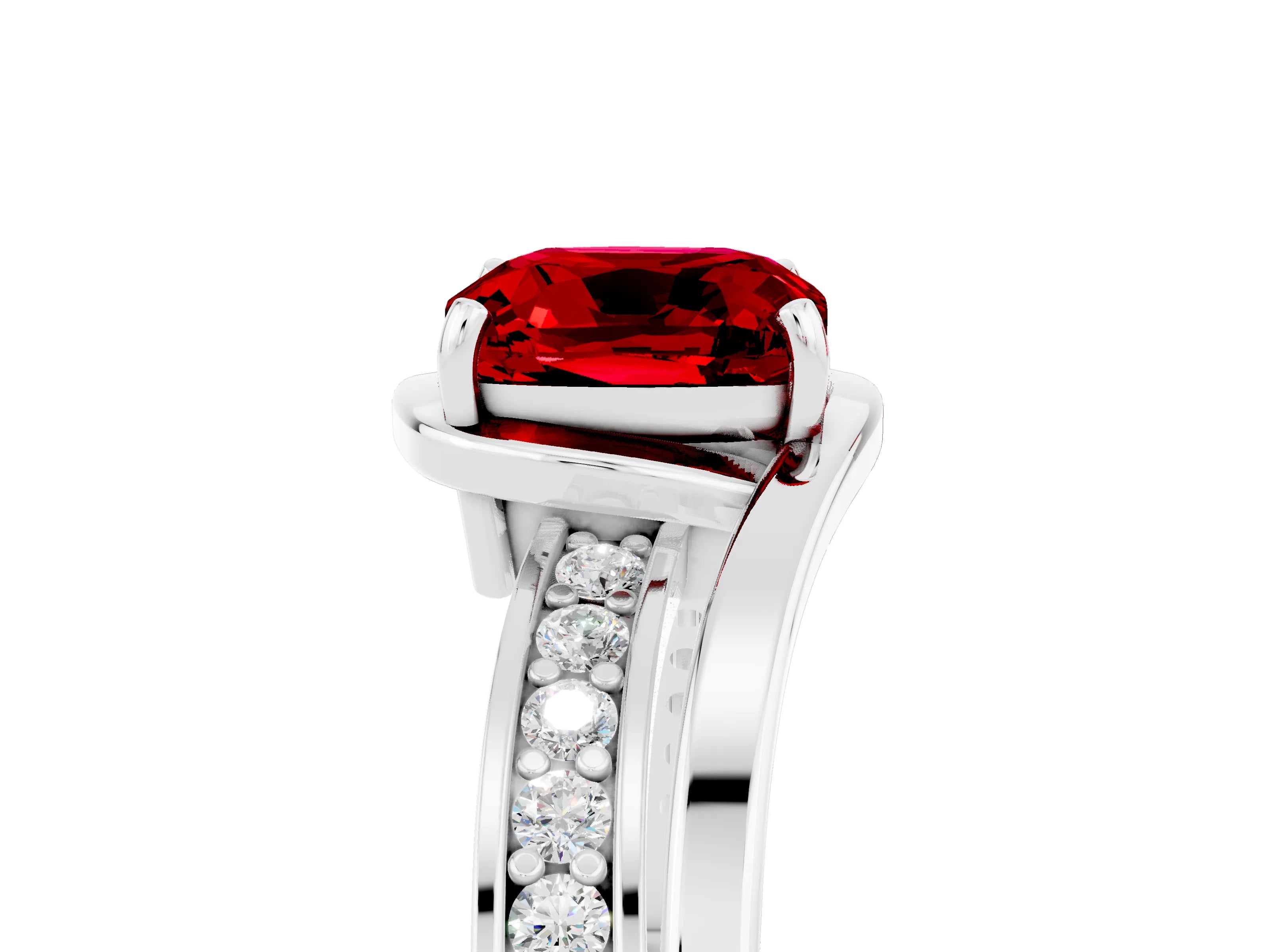 White gold Cushion Cut Ruby Solitaire Ring with Split Shank and Prong Setting_5