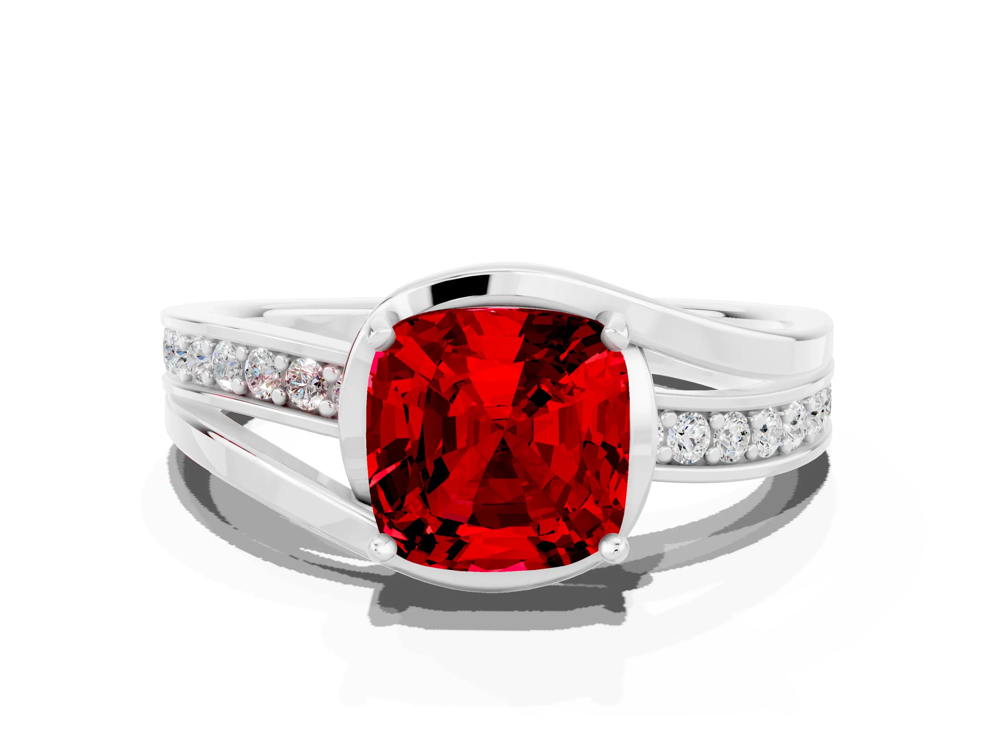 White gold Cushion Cut Ruby Solitaire Ring with Split Shank and Prong Setting