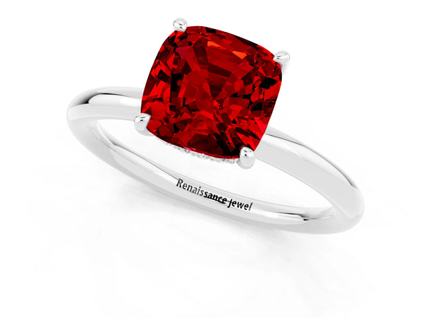 Platinum Cushion Cut Ruby Solitaire Ring with Thin Band and Four-Prong Setting