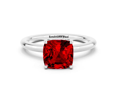 White gold Cushion Cut Ruby Solitaire Ring with Thin Band and Four-Prong Setting