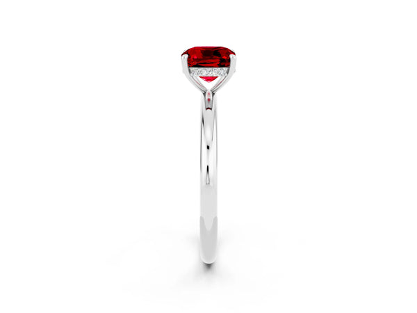 Silver Cushion Cut Ruby Solitaire Ring with Thin Band and Four-Prong Setting