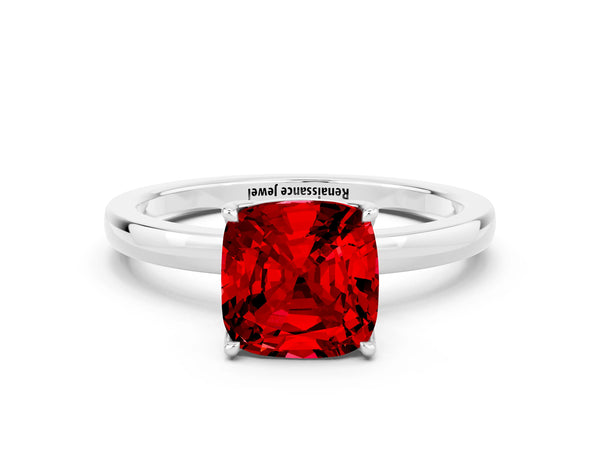 White gold Cushion Cut Ruby Solitaire Ring with Thin Band and Prong Setting