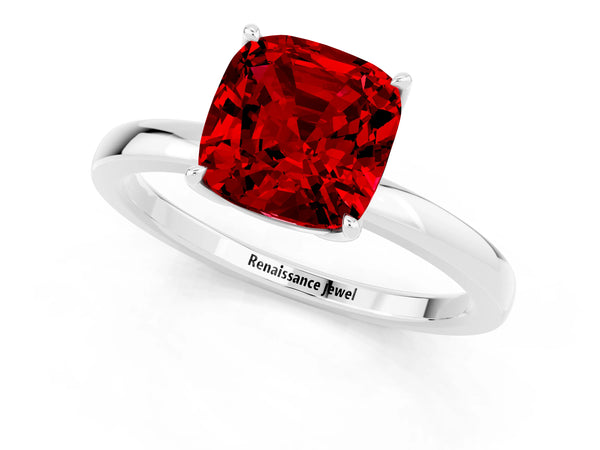 Platinum Cushion Cut Ruby Solitaire Ring with Thin Band and Prong Setting