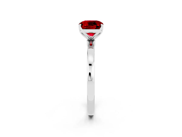Platinum Cushion Cut Ruby Solitaire Ring with Thin Band and Prong Setting