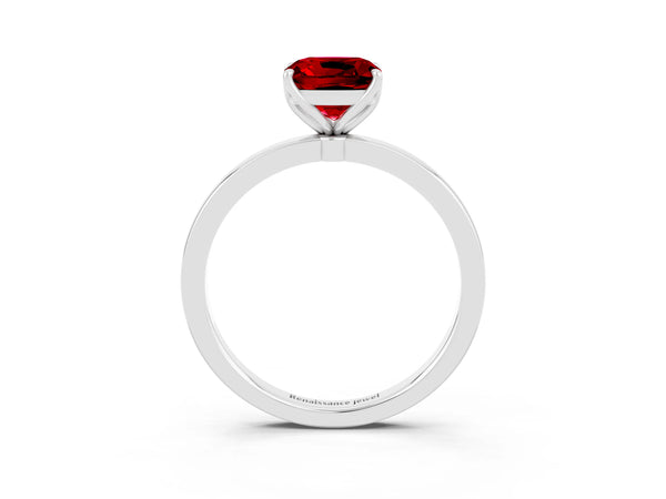 Platinum Cushion Cut Ruby Solitaire Ring with Thin Band and Prong Setting