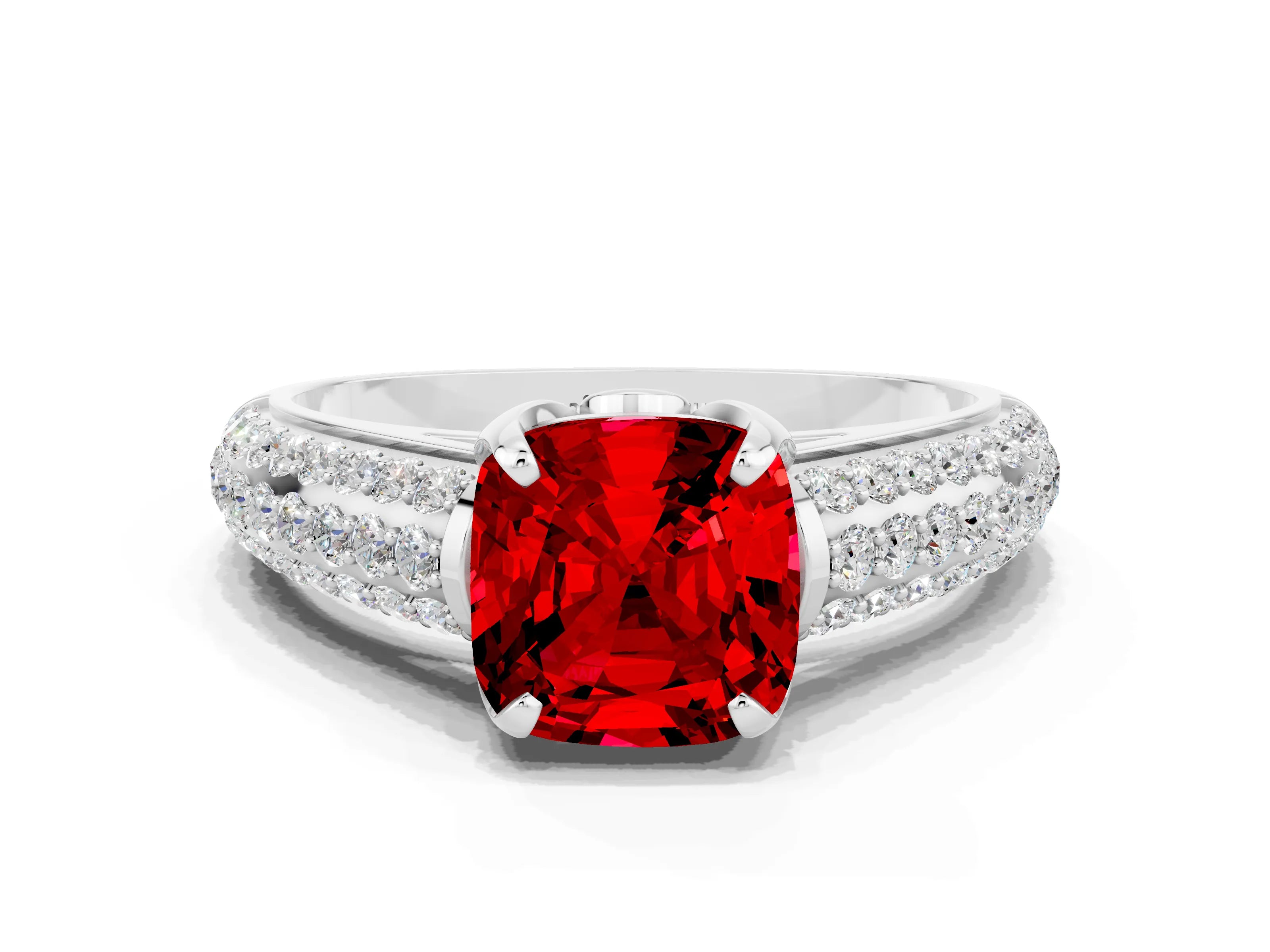 White gold Cushion Cut Ruby Solitaire Ring with Three-Row Pavé Band and Four-Prong Setting_12