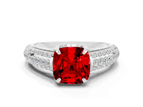 White gold Cushion Cut Ruby Solitaire Ring with Three-Row Pavé Band and Four-Prong Setting_12