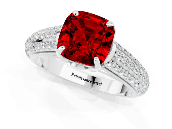 Platinum Cushion Cut Ruby Solitaire Ring with Three-Row Pavé Band and Four-Prong Setting