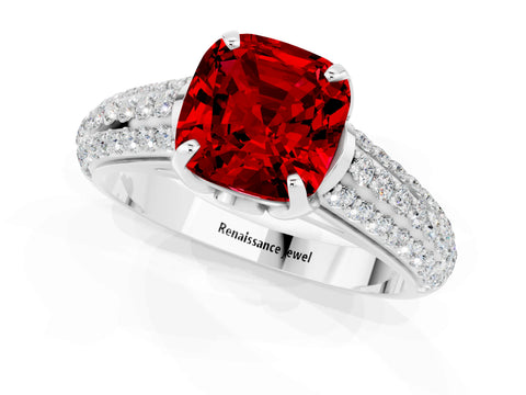White gold Cushion Cut Ruby Solitaire Ring with Three-Row Pavé Band and Four-Prong Setting_13