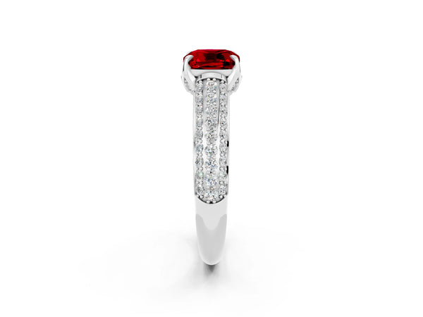 White gold Cushion Cut Ruby Solitaire Ring with Three-Row Pavé Band and Four-Prong Setting