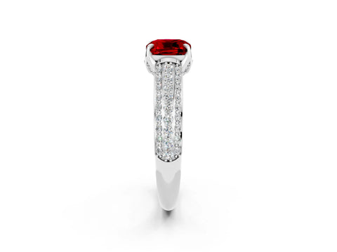 White gold Cushion Cut Ruby Solitaire Ring with Three-Row Pavé Band and Four-Prong Setting_14