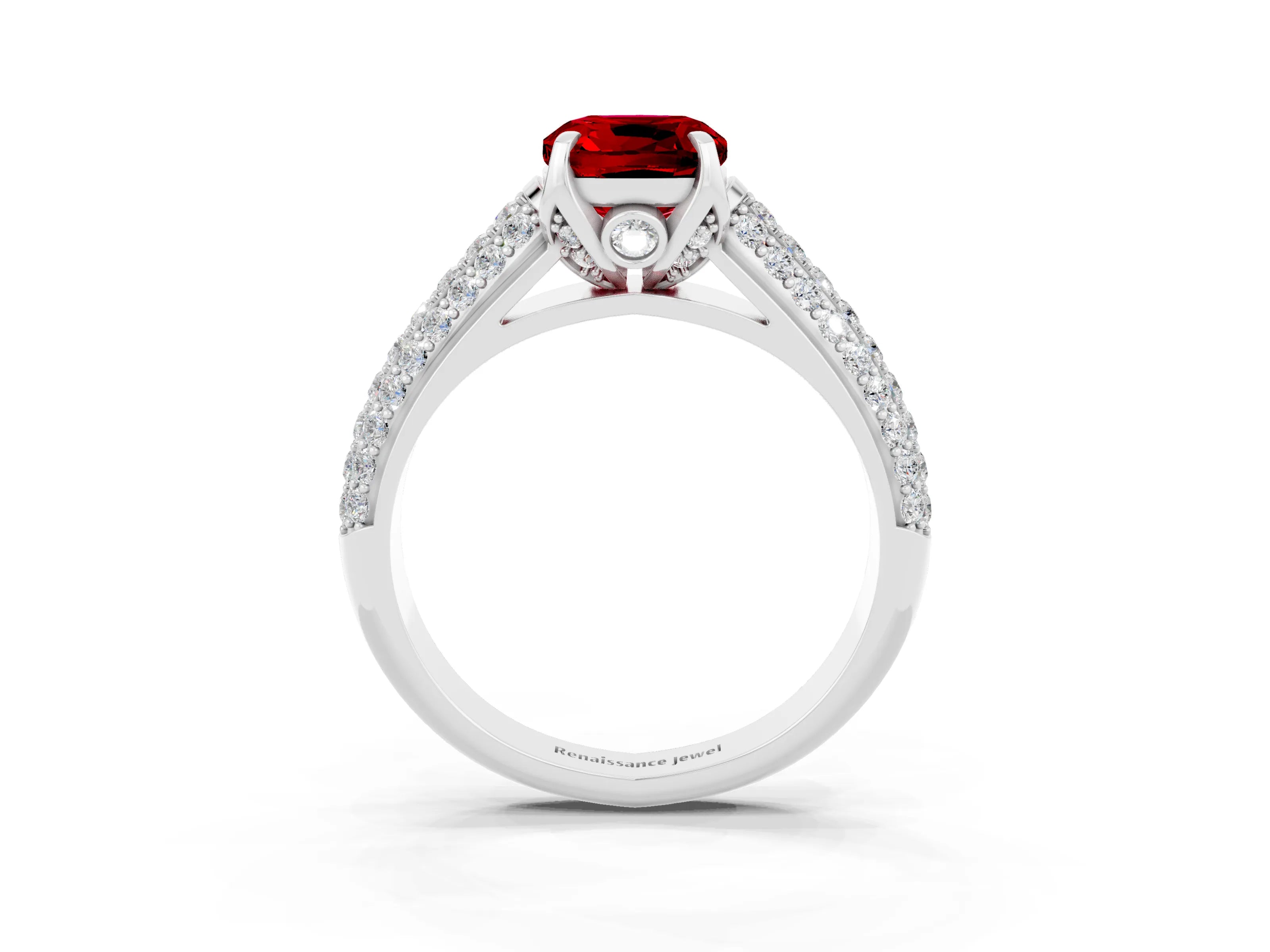 White gold Cushion Cut Ruby Solitaire Ring with Three-Row Pavé Band and Four-Prong Setting_15