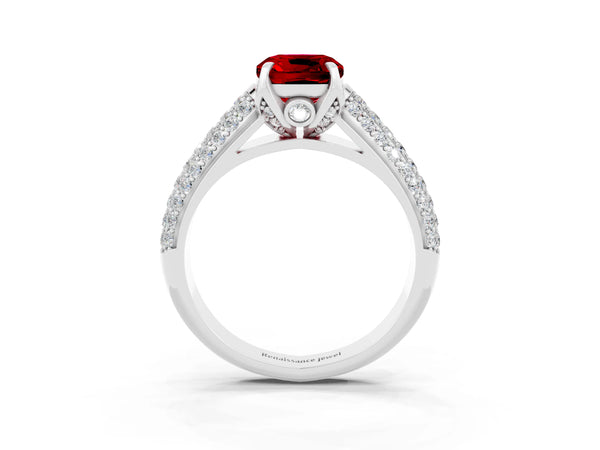 Platinum Cushion Cut Ruby Solitaire Ring with Three-Row Pavé Band and Four-Prong Setting