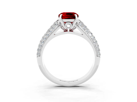 White gold Cushion Cut Ruby Solitaire Ring with Three-Row Pavé Band and Four-Prong Setting_15