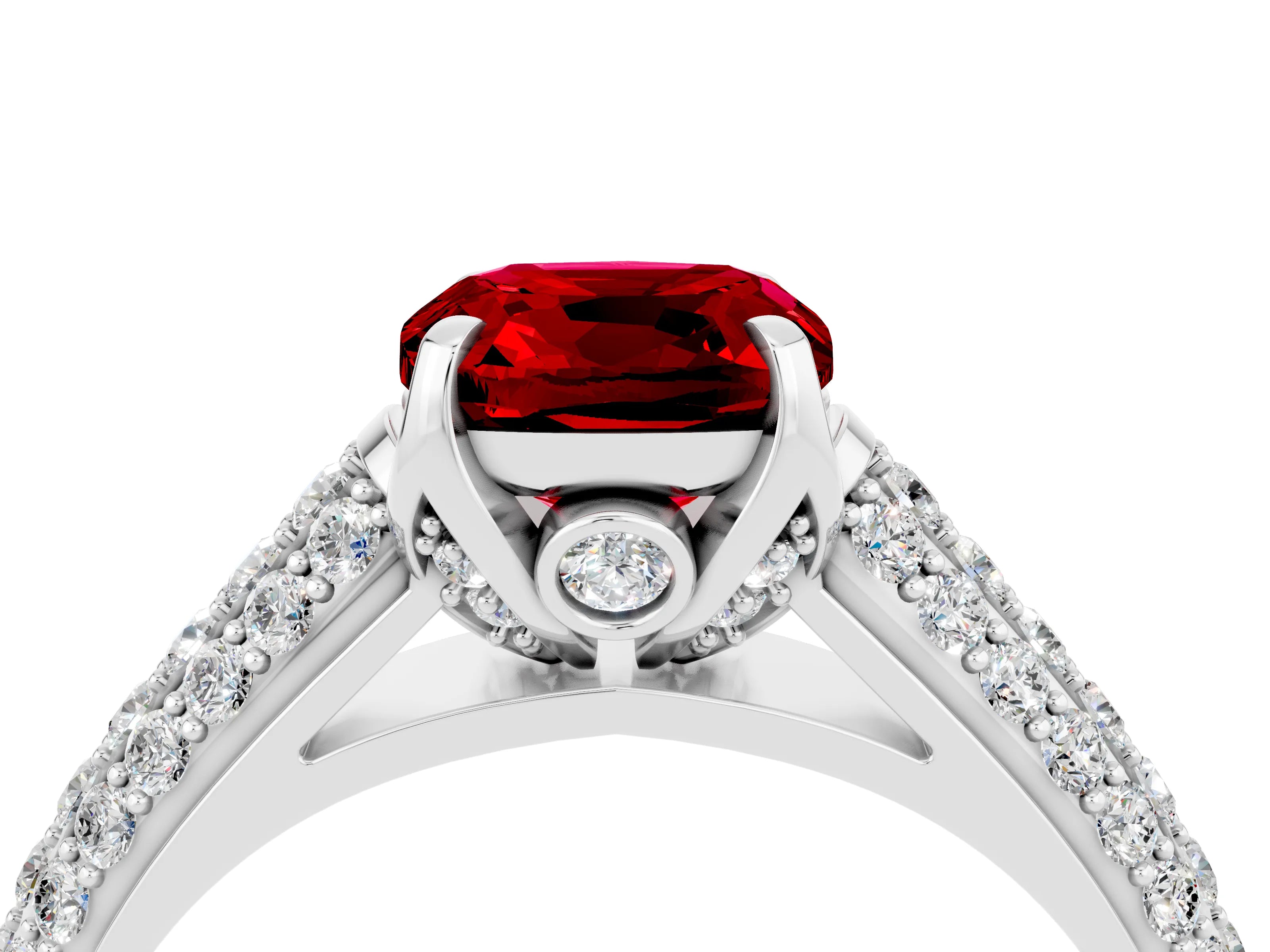 White gold Cushion Cut Ruby Solitaire Ring with Three-Row Pavé Band and Four-Prong Setting_16