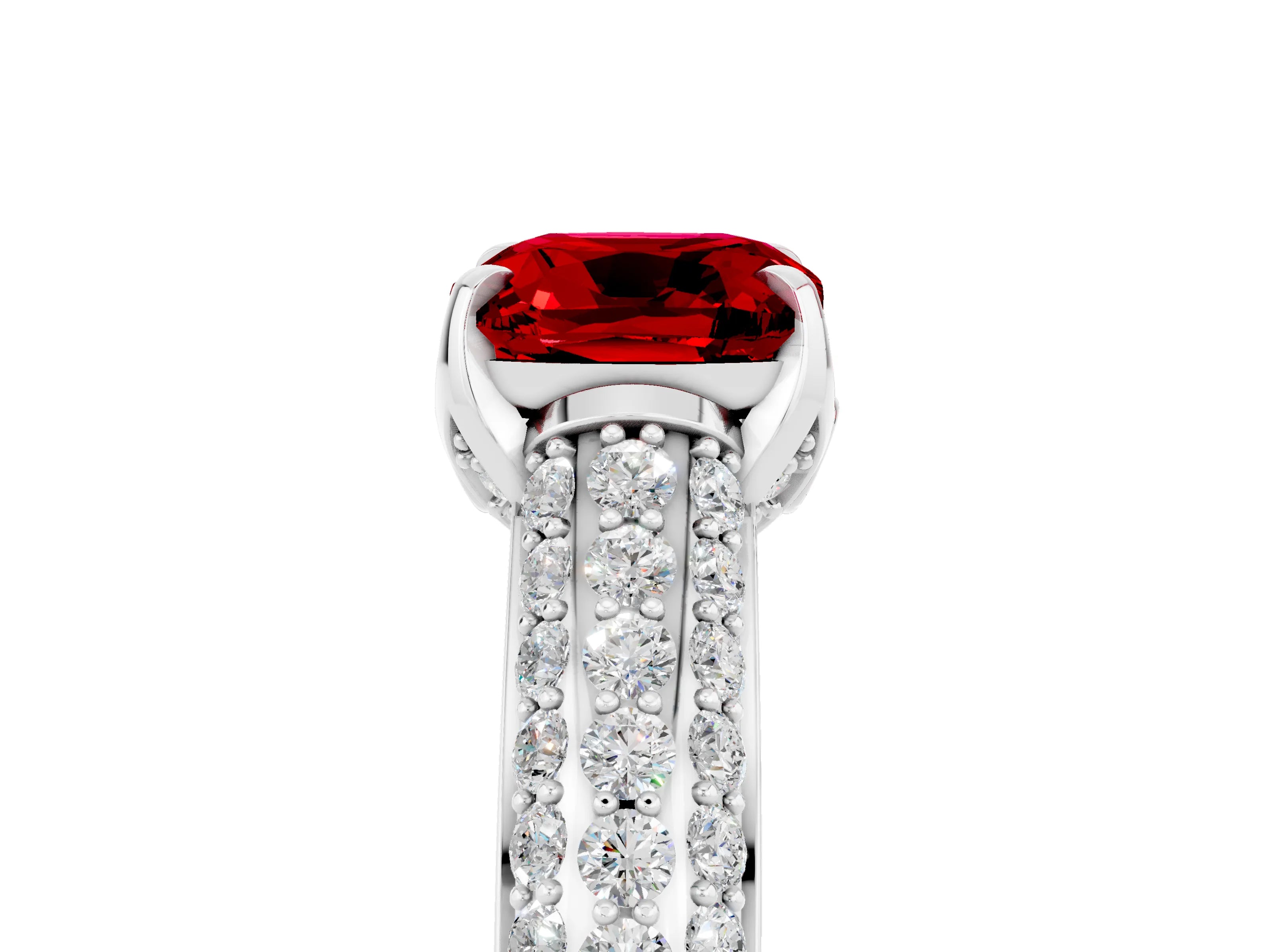 White gold Cushion Cut Ruby Solitaire Ring with Three-Row Pavé Band and Four-Prong Setting_17