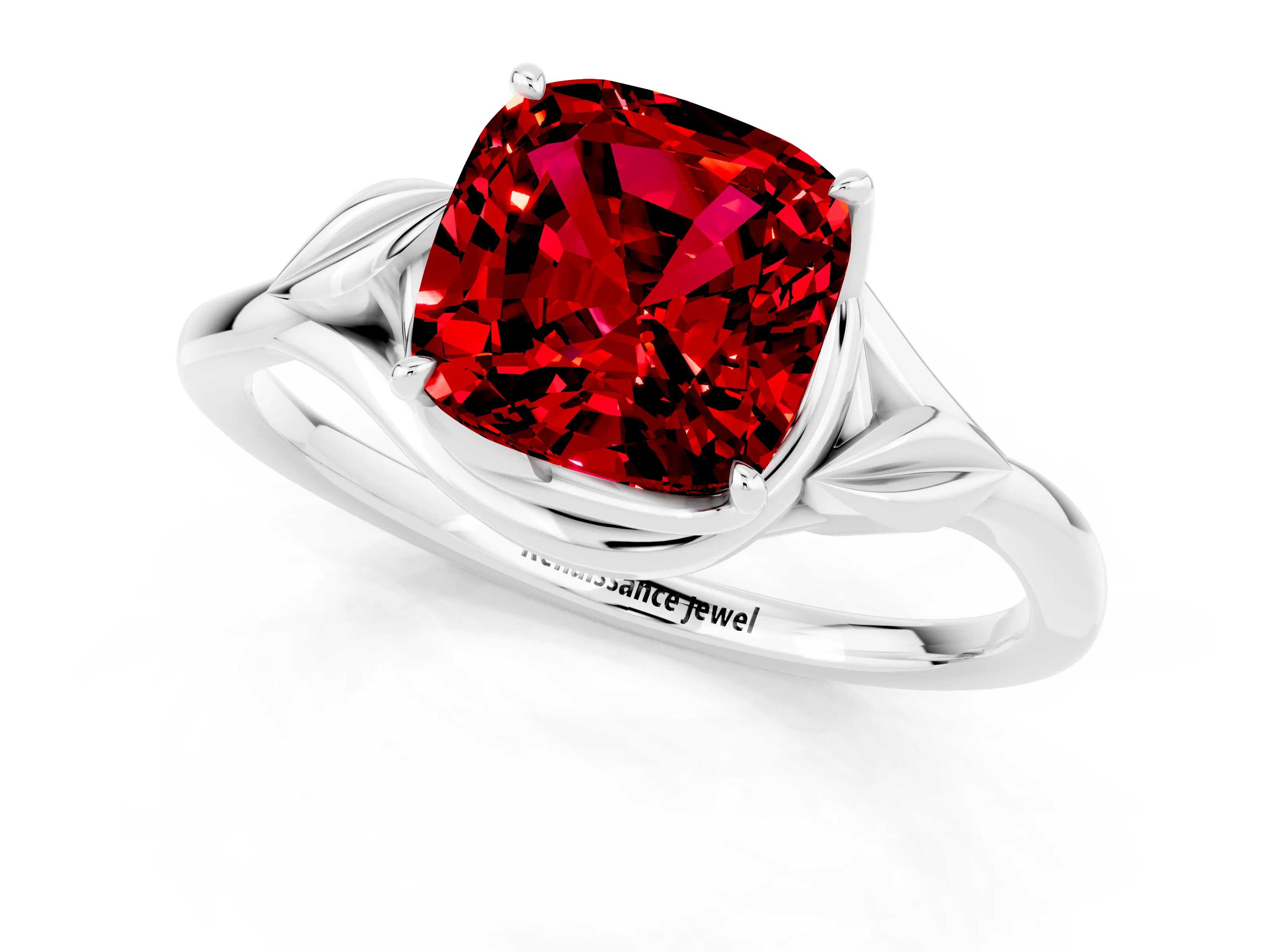 White gold Cushion Cut Ruby Solitaire Ring with Twist Band and Four-Prong Setting_13