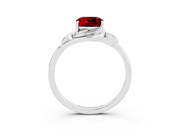Platinum Cushion Cut Ruby Solitaire Ring with Twist Band and Four-Prong Setting
