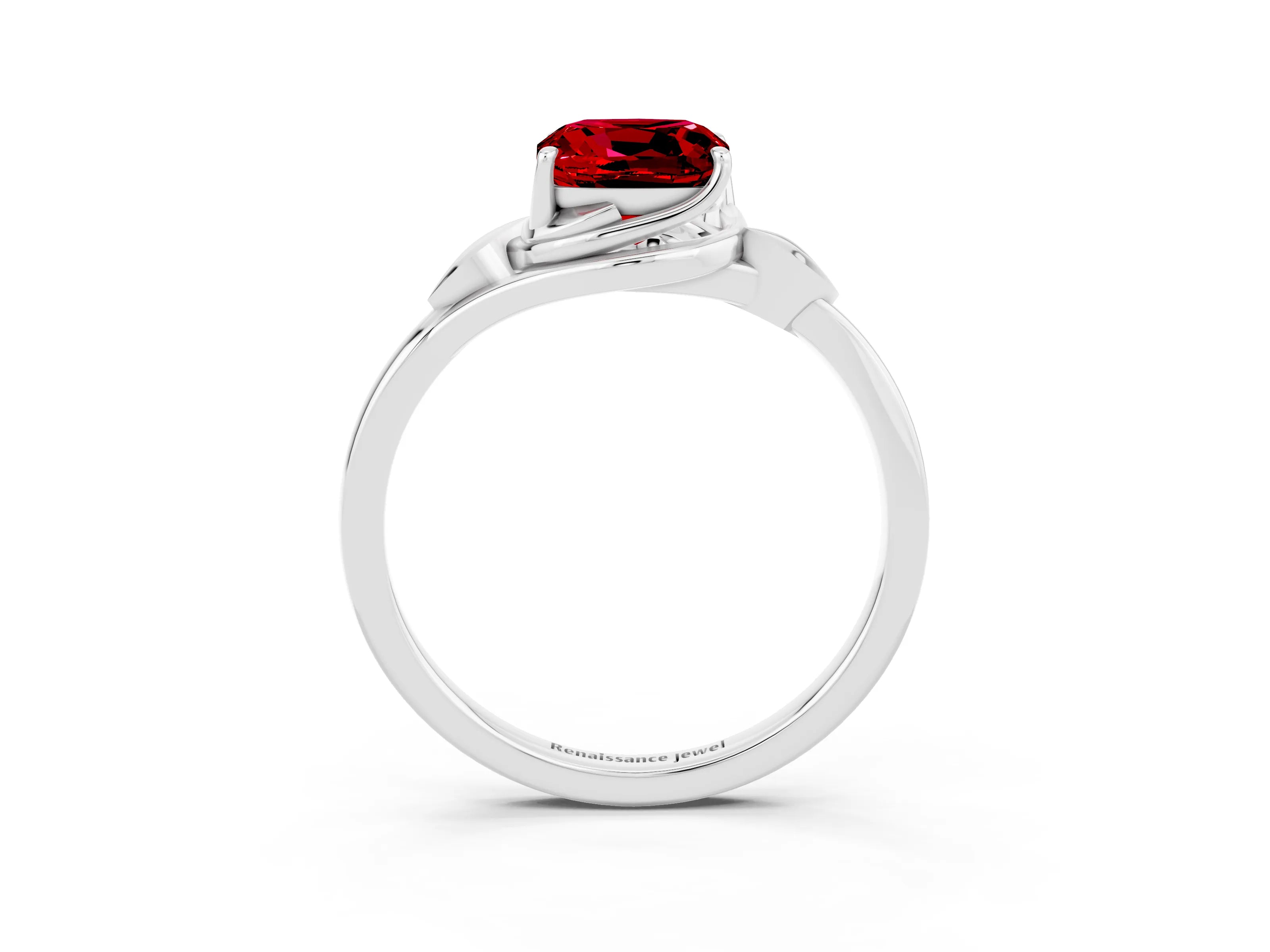 White gold Cushion Cut Ruby Solitaire Ring with Twist Band and Four-Prong Setting_15