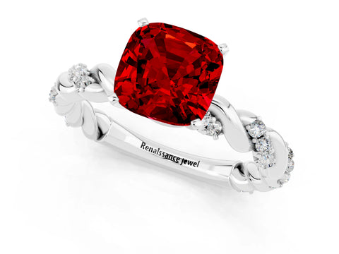 White gold Cushion Cut Ruby Solitaire Ring with Twisted Band and Pavé Accents_1