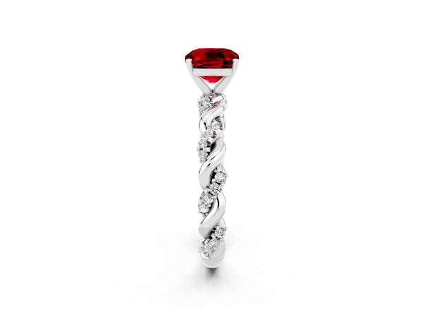 White gold Cushion Cut Ruby Solitaire Ring with Twisted Band and Pavé Accents