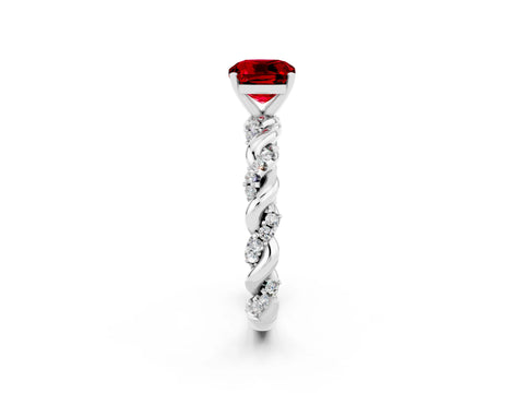 White gold Cushion Cut Ruby Solitaire Ring with Twisted Band and Pavé Accents_2