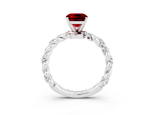 Platinum Cushion Cut Ruby Solitaire Ring with Twisted Band and Pavé Accents