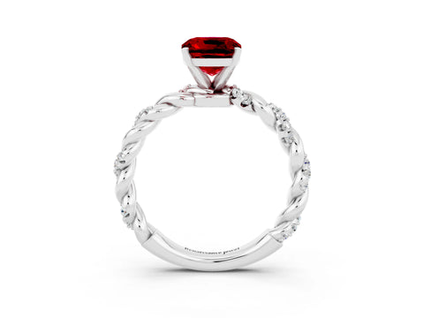 White gold Cushion Cut Ruby Solitaire Ring with Twisted Band and Pavé Accents_3