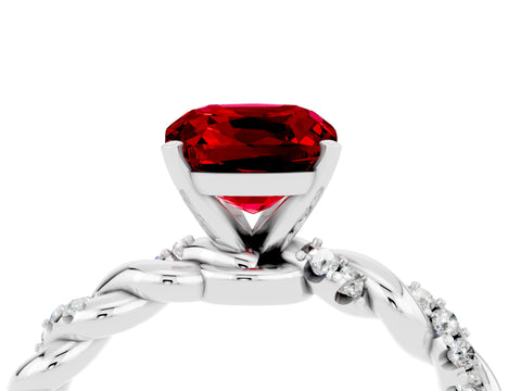White gold Cushion Cut Ruby Solitaire Ring with Twisted Band and Pavé Accents_4