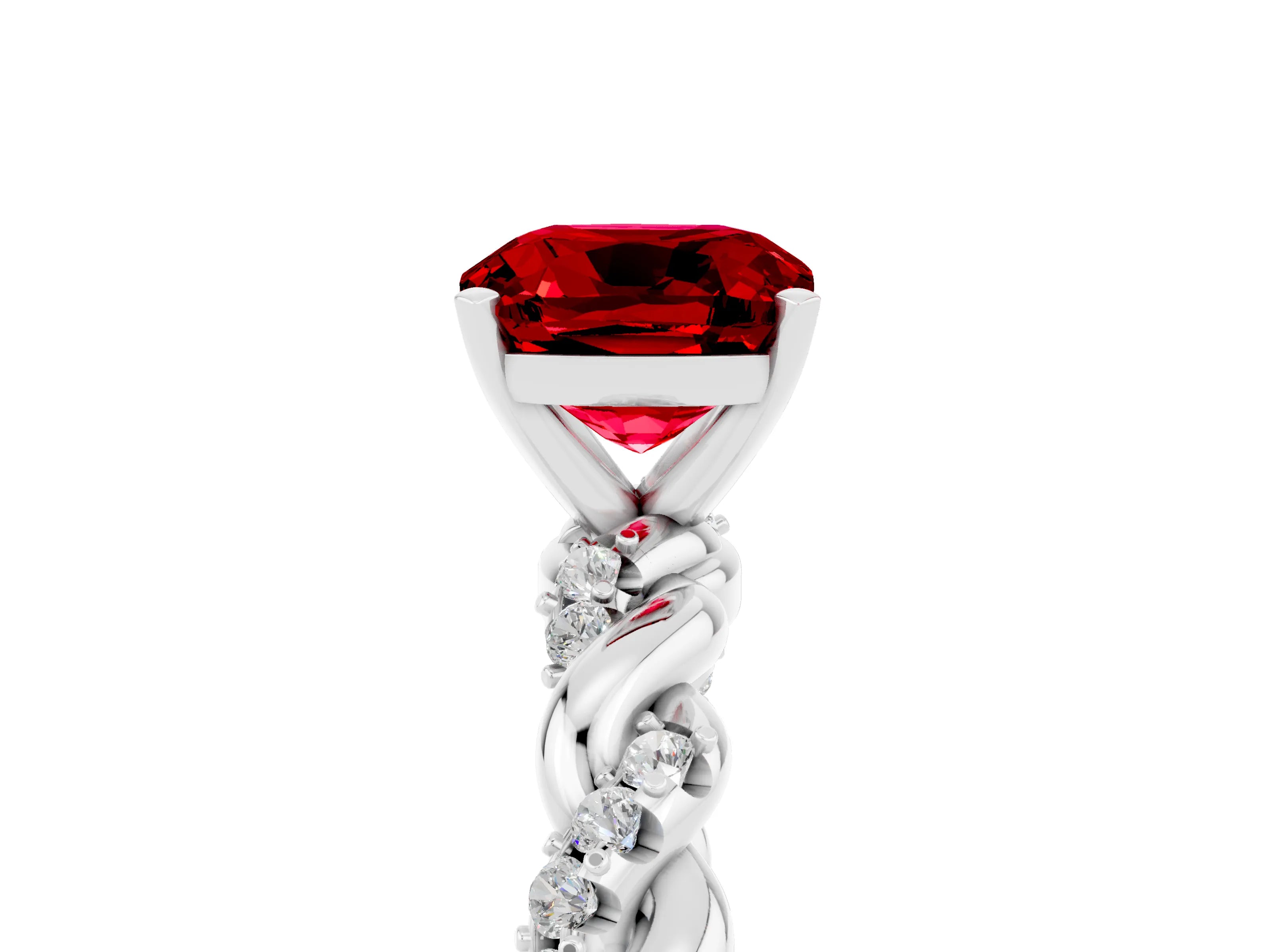 White gold Cushion Cut Ruby Solitaire Ring with Twisted Band and Pavé Accents_5
