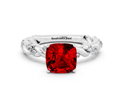 White gold Cushion Cut Ruby Solitaire Ring with Twisted Band and Pavé Accents