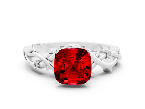 White gold Cushion Cut Ruby Solitaire Ring with Twisted Band and Prong Setting_12