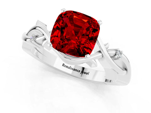 White gold Cushion Cut Ruby Solitaire Ring with Twisted Band and Prong Setting_13