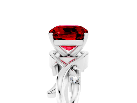 White gold Cushion Cut Ruby Solitaire Ring with Twisted Band and Prong Setting_17