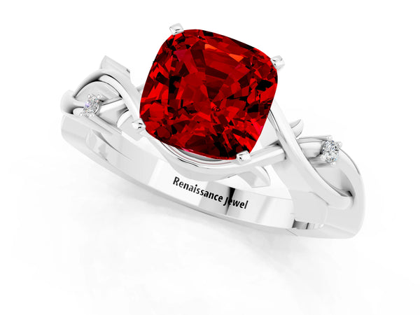 Silver Cushion Cut Ruby Solitaire Ring with Twisted Band and Prong Setting