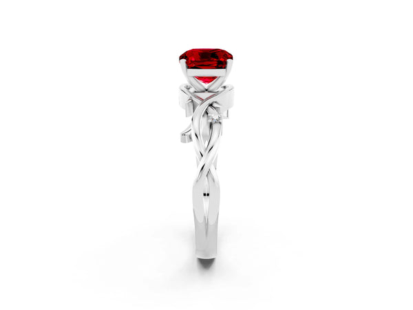 Silver Cushion Cut Ruby Solitaire Ring with Twisted Band and Prong Setting