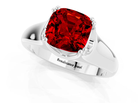 White gold Cushion Cut Ruby Solitaire Ring with Wide Band and Prong Setting_1