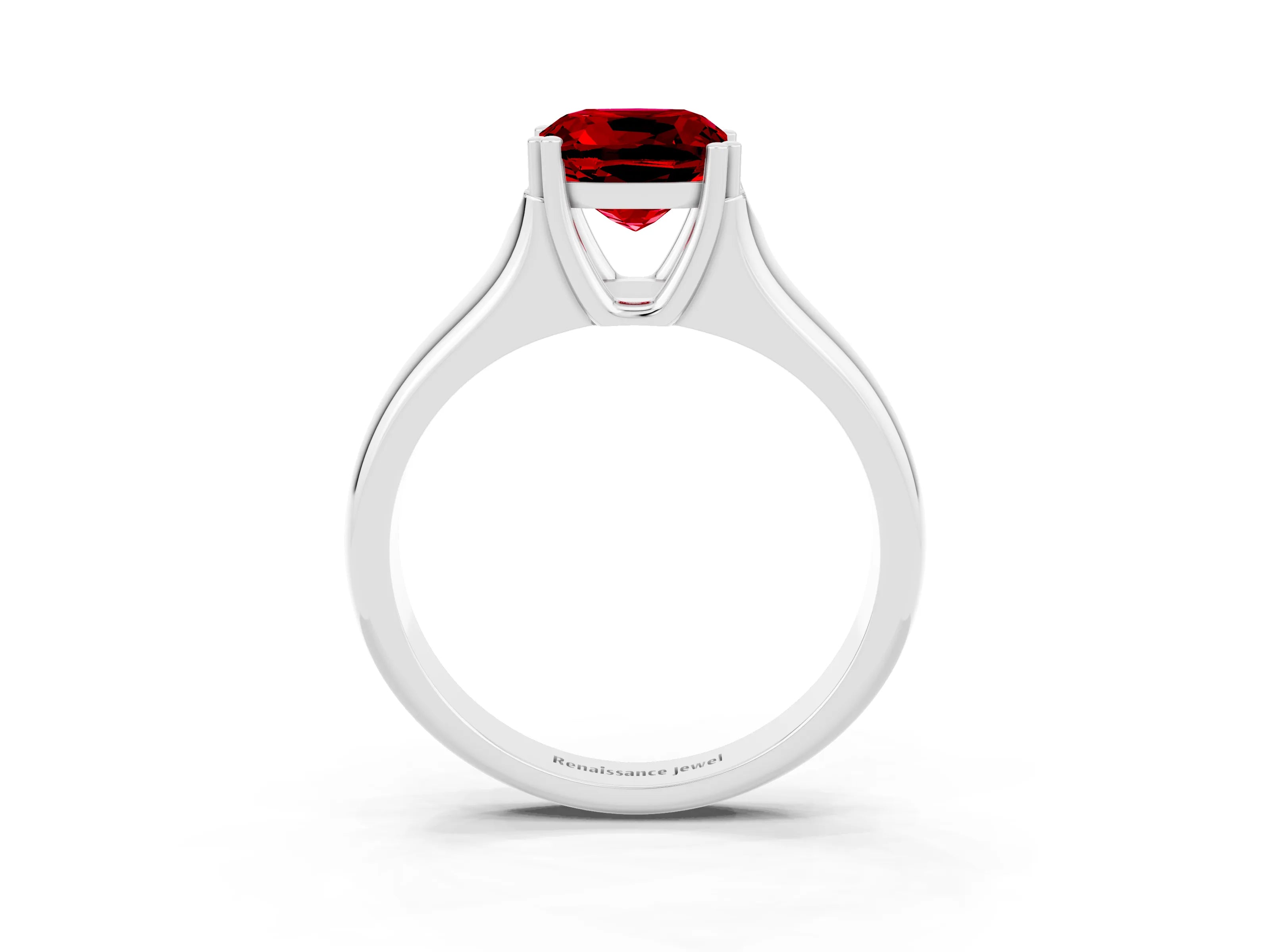 White gold Cushion Cut Ruby Solitaire Ring with Wide Band and Prong Setting_3