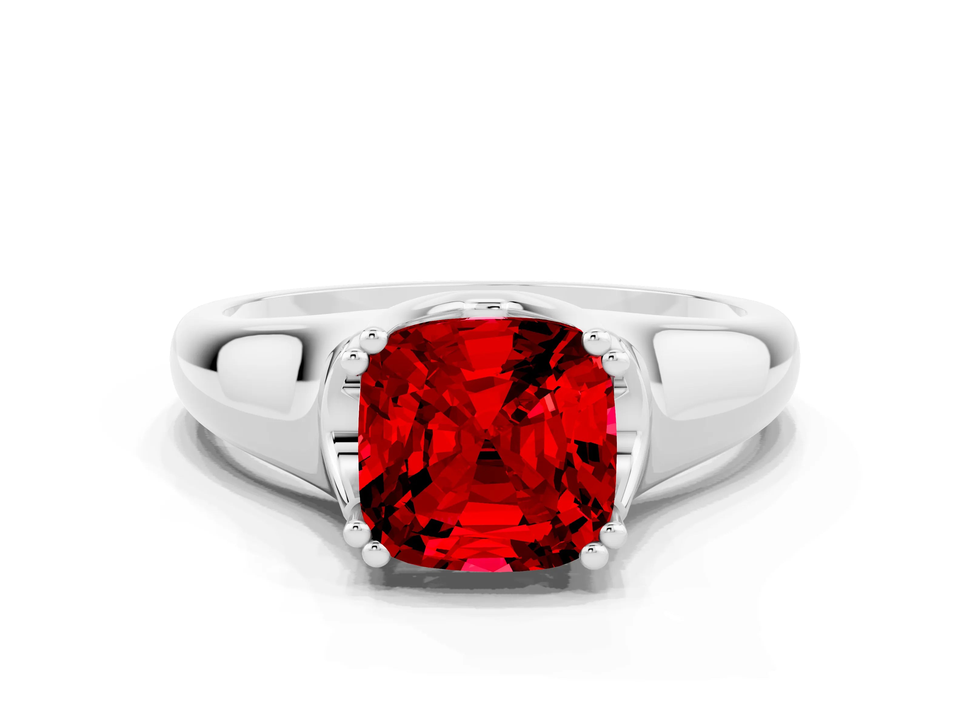 White gold Cushion Cut Ruby Solitaire Ring with Wide Band and Prong Setting
