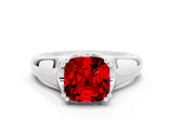 White gold Cushion Cut Ruby Solitaire Ring with Wide Band and Prong Setting