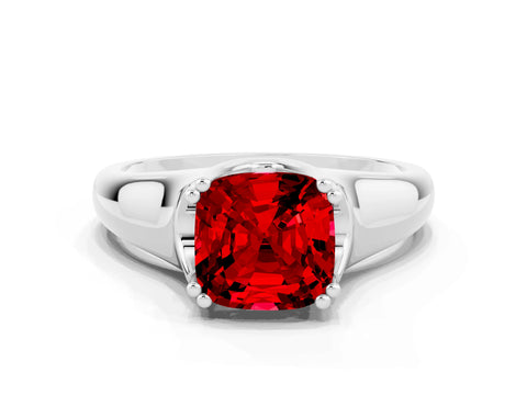 White gold Cushion Cut Ruby Solitaire Ring with Wide Band and Prong Setting