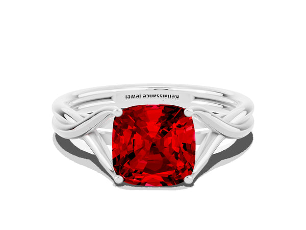 Silver Cushion Cut Ruby Solitaire Twist Band Prong Setting Ring