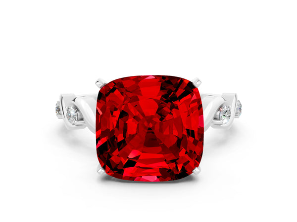Silver Cushion Cut Ruby Solitaire Twisted Band with Round  Accents and Prong Setting