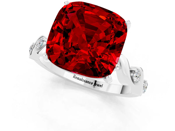 Platinum Cushion Cut Ruby Solitaire Twisted Band with Round  Accents and Prong Setting
